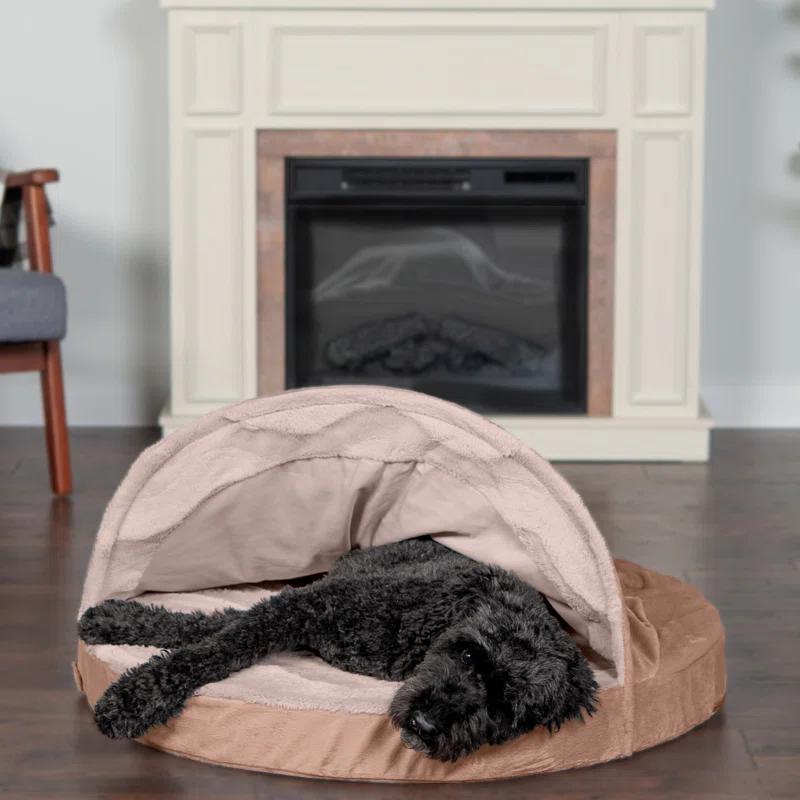 FurHaven Wave Fur & Velvet Snuggle Cave Orthopedic Hooded Dog Bed