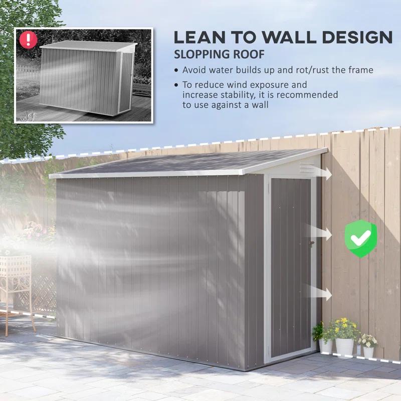 Outsunny 4' x 7.7' Metal Outdoor Storage Shed, Lean to Storage Shed, Garden Tool Storage House with Lockable Door and 2 Air Vents for Backyard, Patio, Lawn