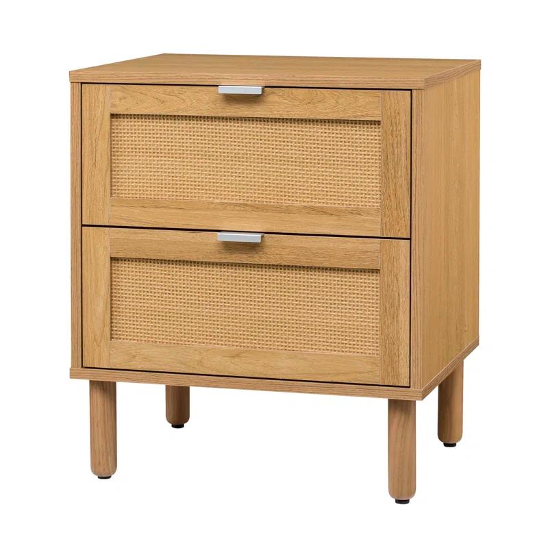 Sango Sango Orre 2-Drawer Solid Wood Nightstand, With Rattan, Cylicndrical Wooden Legs