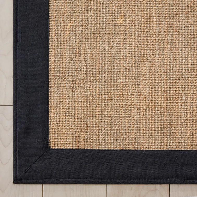 Ebern Designs Quince Sorel Solid Border Beige Black Natural Jute Non-Slip Handwoven Latex Area Rug