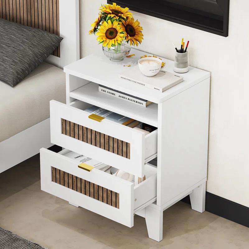 Lark Manor™ 2-Drawer Farmhouse Wooden Nightstand With Wooden Strip Stickers Decoration And Metal Handle, Wood Side Table With Storage Cabinet For Bedroom