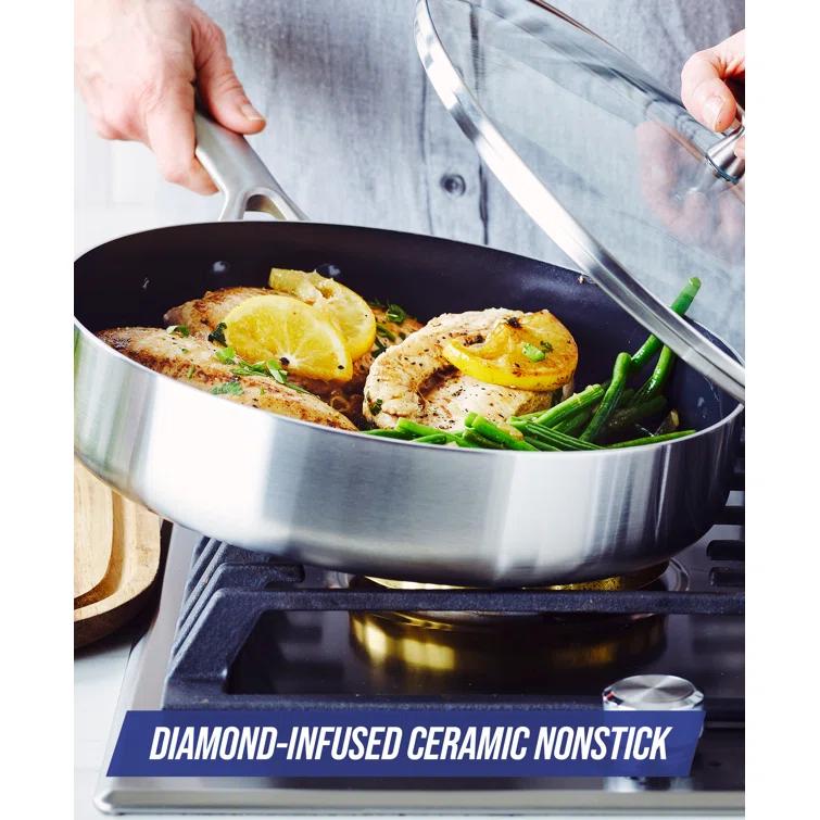 Blue Diamond Blue Diamond Cookware Tri-Ply Stainless Steel Ceramic Nonstick, 3.75QT Saute Pan Jumbo Cooker With Lid, PFAS-Free, Multi Clad, Induction, Dishwasher Safe, Oven Safe, Silver