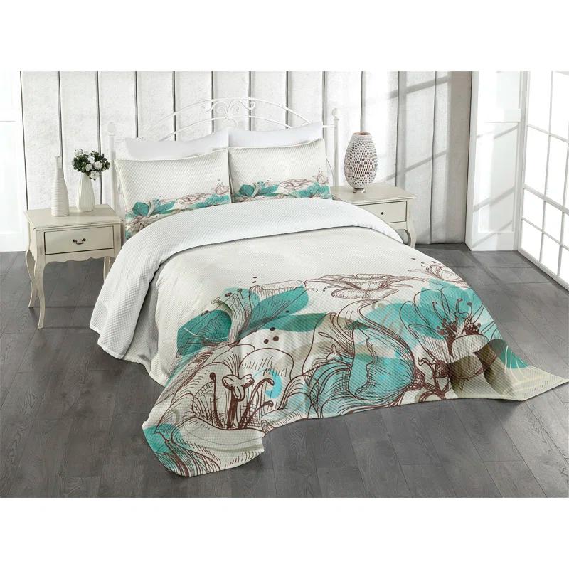 Ambesonne Ambesonne Turquoise Bedspread Retro Hibiscus