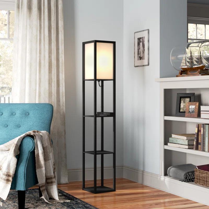 Brightech Maxwell 63 in. USB and Wireless Charging LED Floor Lamp with White Fabric Square Shade