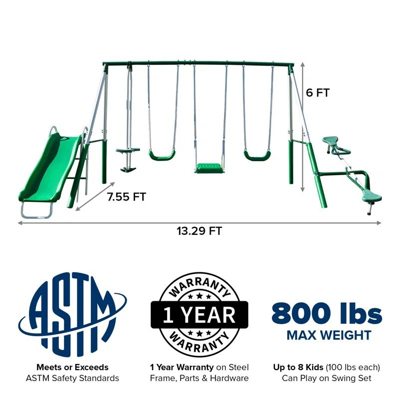 Sportspower Sportspower Park Ridge Metal Swing Set With 2 Swings, Standing Swing, 2 Person Roman Glider Swing, Teeter Totter And 5' Slide, Bonus Anchor Kit Included