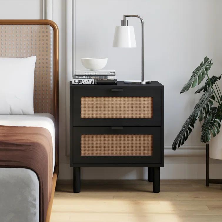 Sango Sango Orre 2-Drawer Solid Wood Nightstand, With Rattan, Cylicndrical Wooden Legs