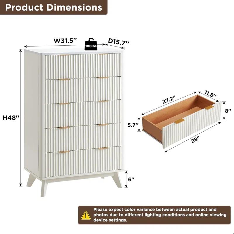 Mercer41 Siyuan Fluted Design 5-Drawers Dresser Organizer, Wood Tall Chest of Drawers