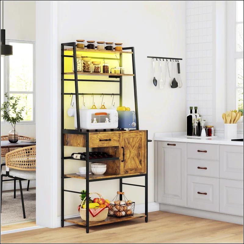 17 Stories Baker's Rack With Power Outlet And LED Lights Bar With Storage Shelves,Industrial Microwave Stand With Wine Bottle Rack,Drawer,Barn Door Cabinet