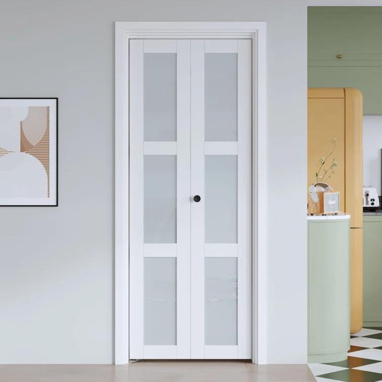 EASELIFE Frosted Glass And Solid Manufactured Wood Bi-Fold Door With Installation Hardware Kit