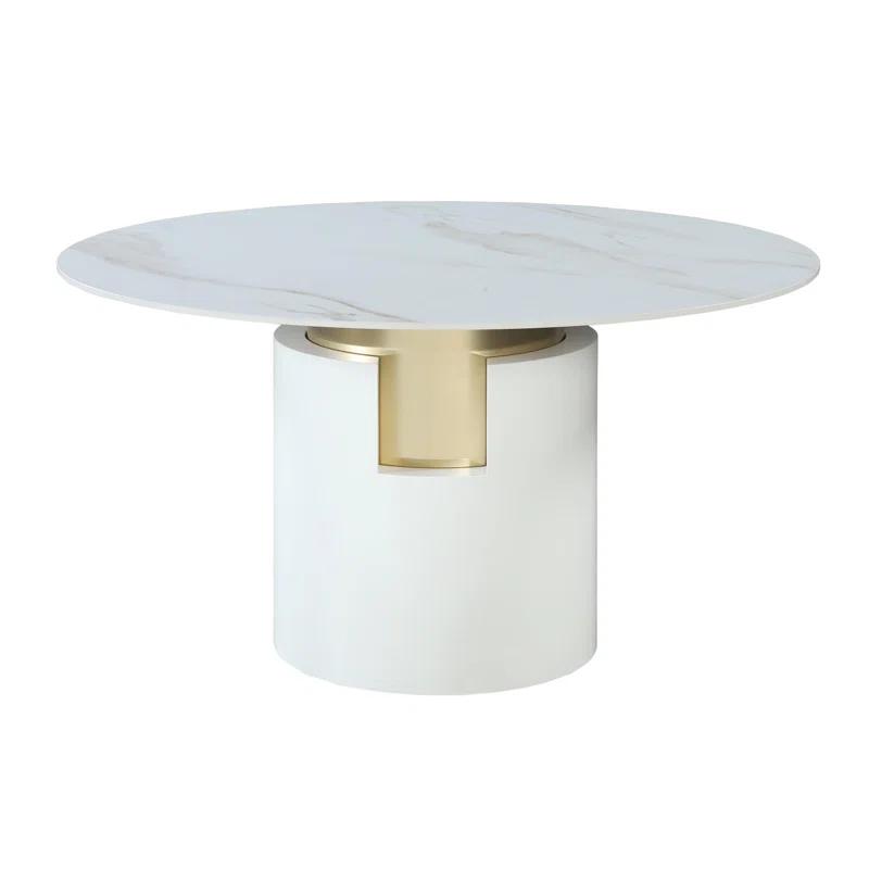 Chintaly Imports Marbleized Sintered Stone Top Table w/ Cylinder Base & Golden Accent