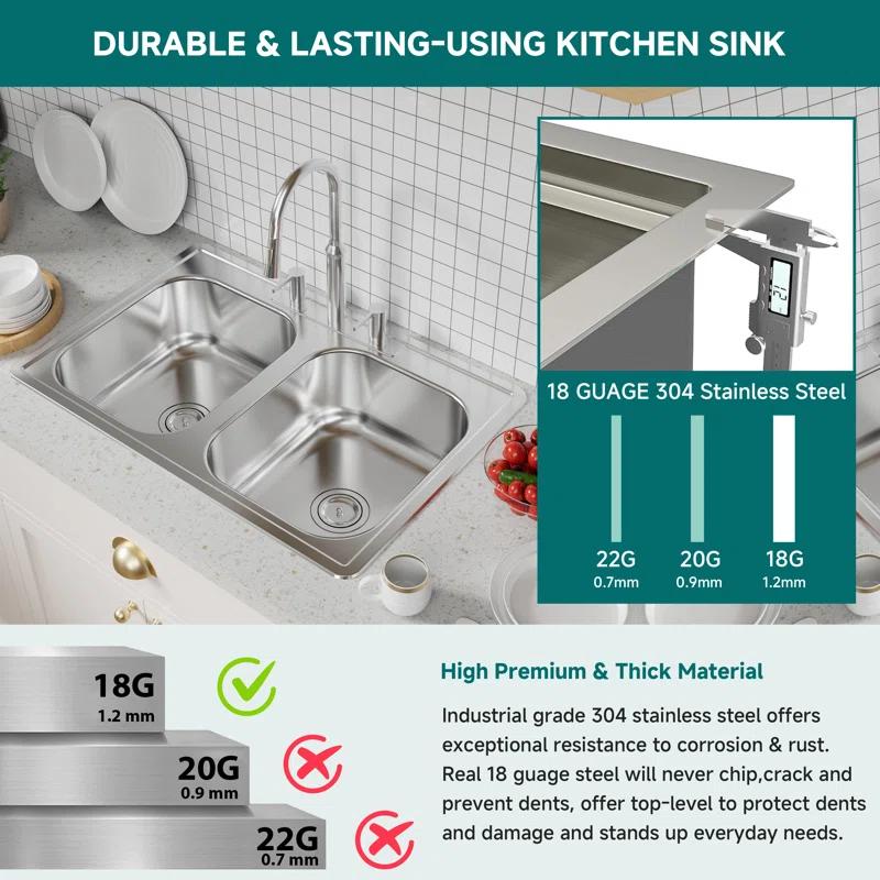 KDK HOME KH-3322T+Grid KDK HOME 33" x 22" Drop In Kitchen Sink 50/50 Double Bowl Sink with Bottom Grid & Basket Strainer