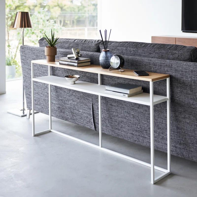 Yamazaki Home Tower Long Console Table For Entryway Or Hallways, Narrow Behind Sofa Table With Wooden Top And Metal Shelf - Shelf, 26" - Steel