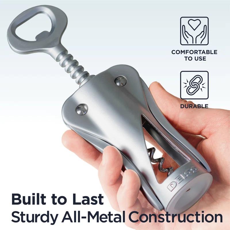 DEISS Deiss Lux Wine Opener, All-metal Wing Corkscrew Wine Bottle Opener With Built-in Beer Bottle Opener - Ergonomic Cork Screw Wine Corker, Silver Matte Coating, Velvet Storage Pouch, Perfect Wine Gift