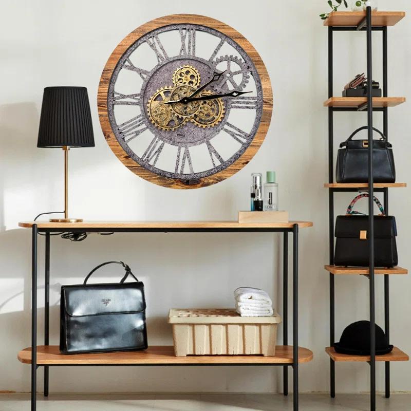 The Gears Clock Wall Clock 24" Round Oversized for Living Room decor with Real Moving Gears America Collection