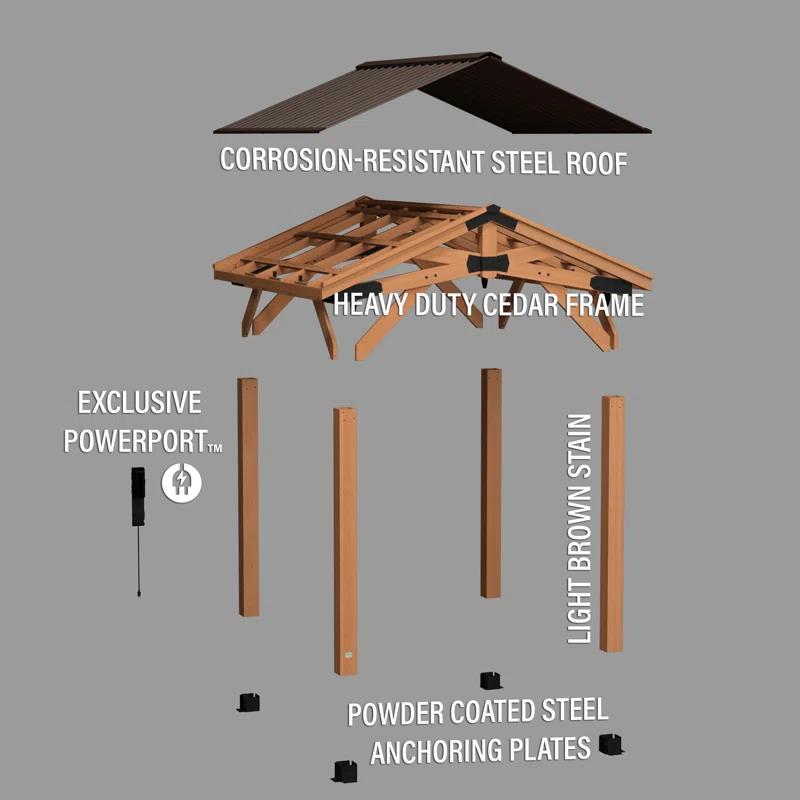 Backyard Discovery Backyard Discovery Norwood 10' x 10' Cedar Wood Outdoor Patio Gazebo with Hardtop Galvanized Steel Peak Roof and PowerPort