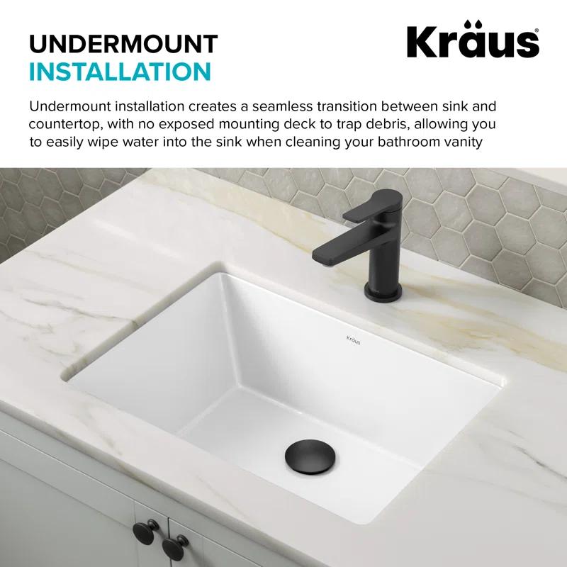 KRAUS Elavo. Rectangular Porcelain Ceramic Undermount Bathroom Sink In White With Overflow Drain, KCU-244