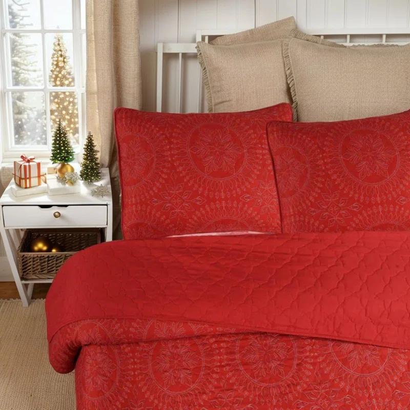 MarCielo 3 Pcs Festive Christmas Quilt Bedspread Set Holiday Bedding Medallion Red
