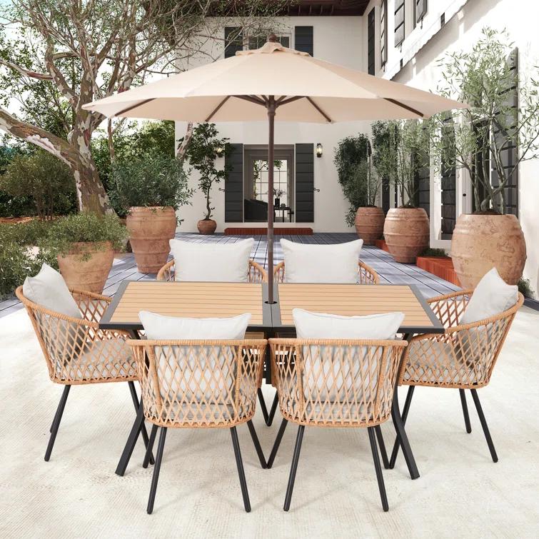EROMMY 7 Piece Outdoor Dining Table Set, Patio Table And Chairs Set With 6 Rattan Chairs, Rectangular Table With Umbrella Hole, All-weather Patio Furniture For Backyard, Lawn, Garden