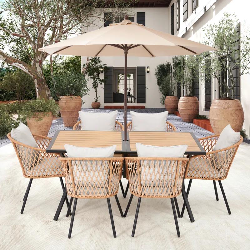 EROMMY 7 Piece Outdoor Dining Table Set, Patio Table And Chairs Set With 6 Rattan Chairs, Rectangular Table With Umbrella Hole, All-weather Patio Furniture For Backyard, Lawn, Garden