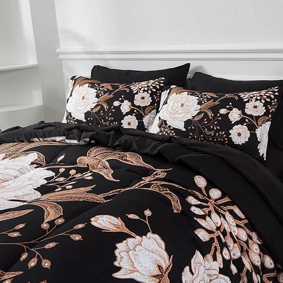DANTUL 7 Piece Bed In A Bag Queen Comforter Set Botanical Floral Bedding Set,White Flowers Leaves Printed On Black Reversible Design,Soft Microfiber Comforter With Sheet Set,All Season