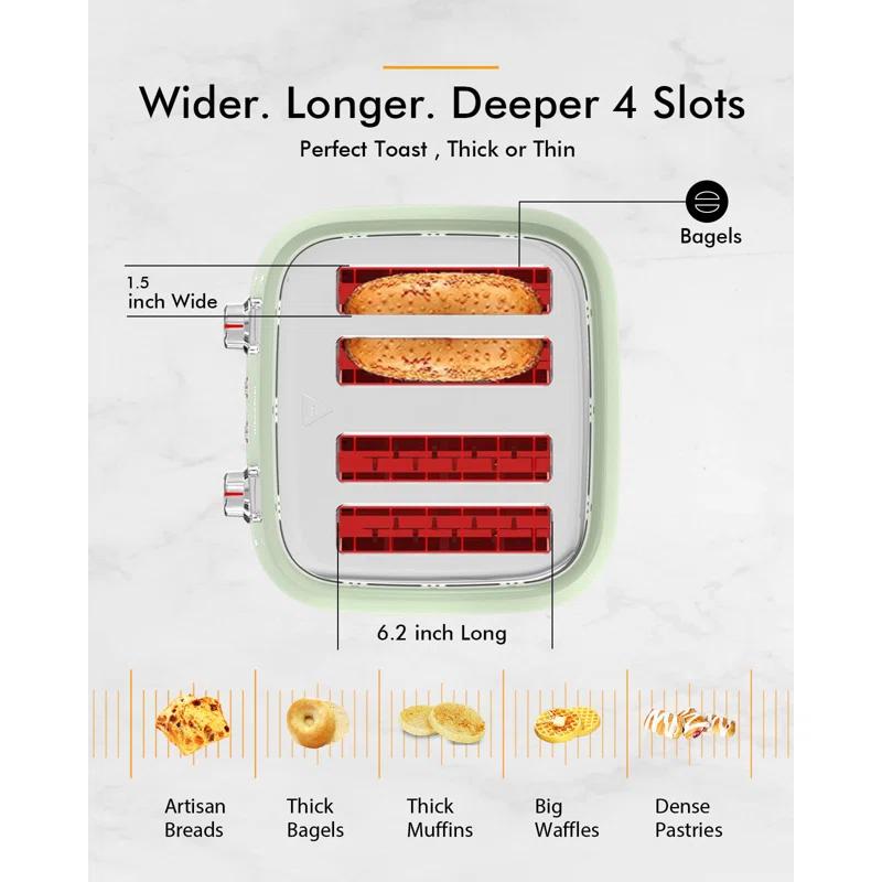 LONGDEEM 4 Slice Toaster, Extra Wide Slots, Longdeem Retro Stainless Steel Toasters, 6 Browning Options, Auto Shut Off & Frozen Function, Toast Fruit Bread, Bagel & Waffle