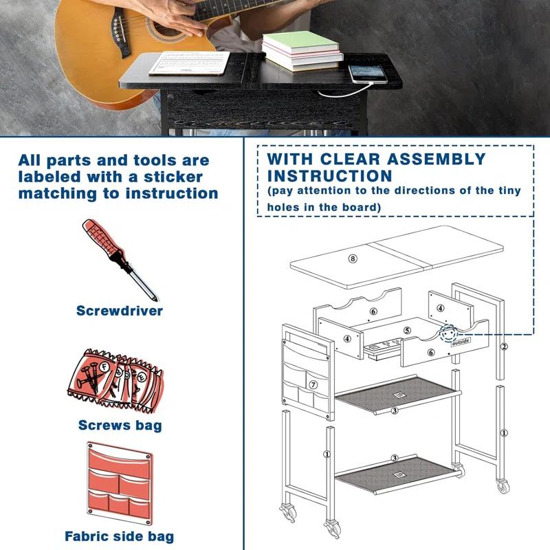 Slim Side Table With Wheels, USB Ports And Outlets, Rolling Narrow End Table With Charging Station And Bag, Flip Top Nightstand With Hidden Storage Shelves For Living Room Bedroom Small Spaces
