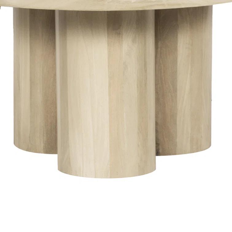 The Urban Port Hazel Coffee Table with 3 Pillar Legs, 35.5 Inch Round Top, Natural Brown Mango Wood