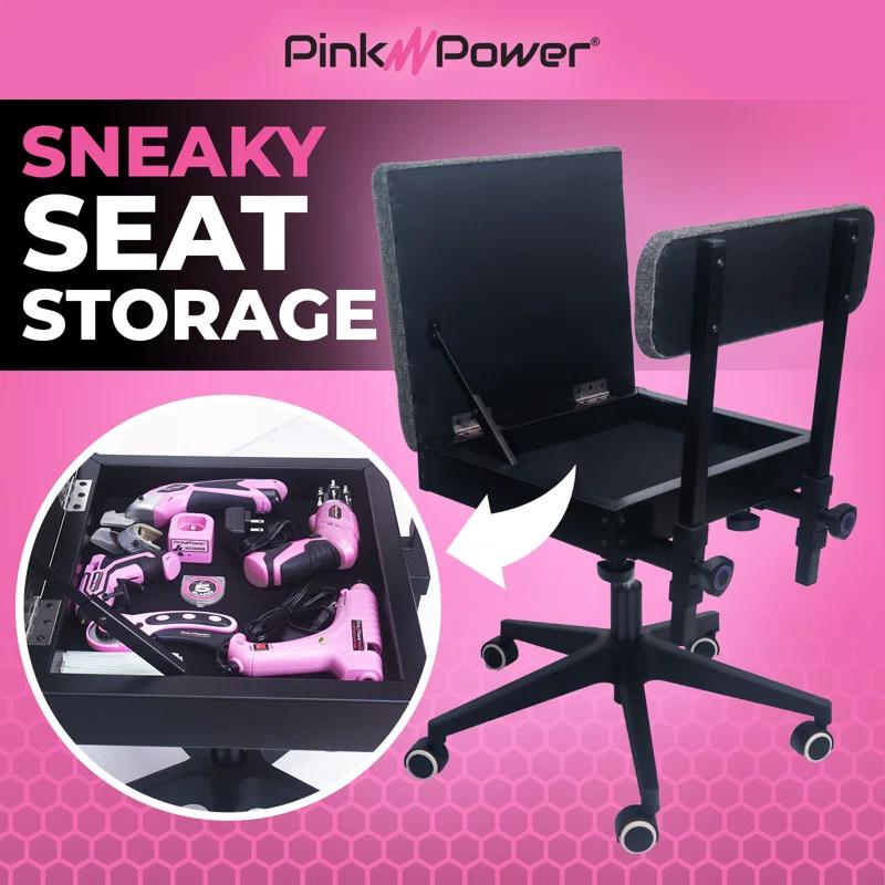 Pink Power Hydraulic Sewing Chair with Wheels and Adjustable Back Support - Armless Chair for Sewing, Crafting