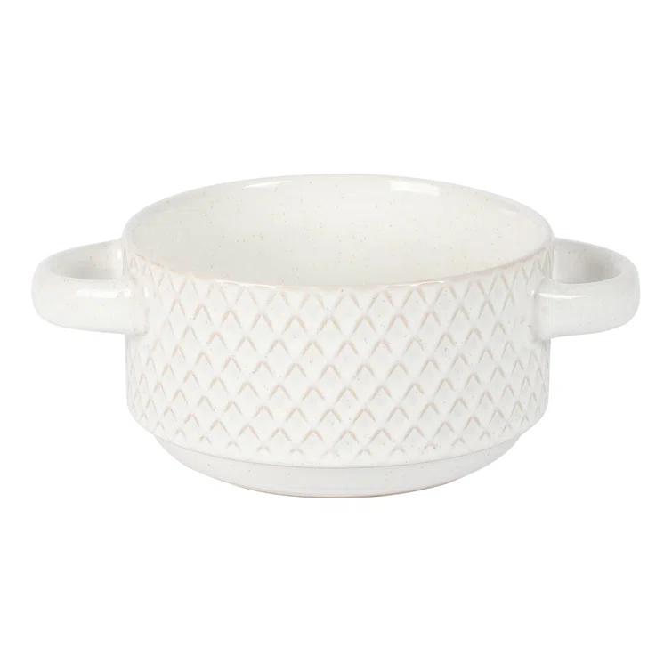 Gibson Elite Gibson Elite Oyster Tide Embossed 6 Inch Soup Bowls with Handles. French Onion Soup Crocks, Stackable Soup Bowl, Chili, Beef Stew Reactive Glaze  Stackable Ceramic Bowl, Set of 4, White