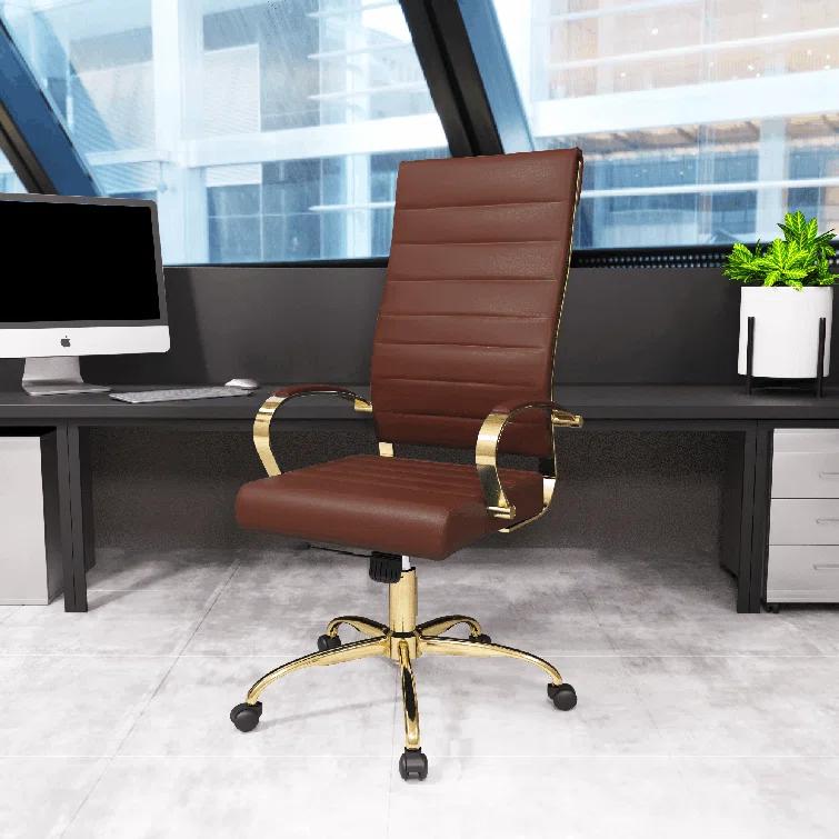 Everly Quinn Humairaa Benmar Leather Office Chair in Gold Base