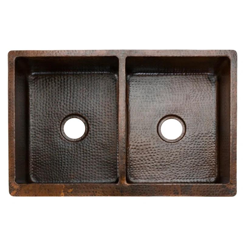 Premier Copper Products KA50DB33229 33" Hammered Copper Apron Front 50/50 Double Basin Kitchen Sink