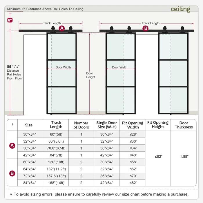 TREEBLING 84" Metal and Glass Sliding Barn Door with Two-Way Soft Close and Installation Hardware Kit