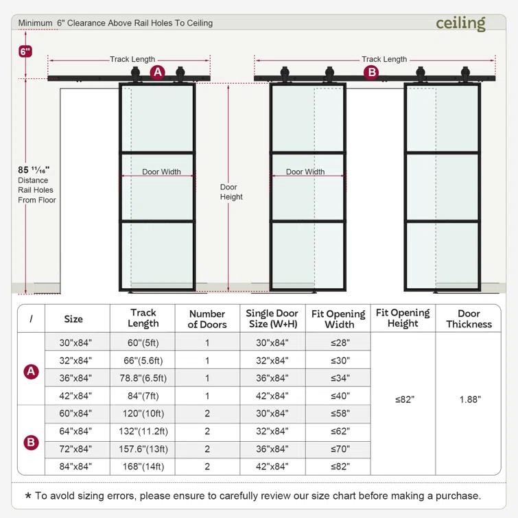 TREEBLING 84" Metal and Glass Sliding Barn Door with Two-Way Soft Close and Installation Hardware Kit