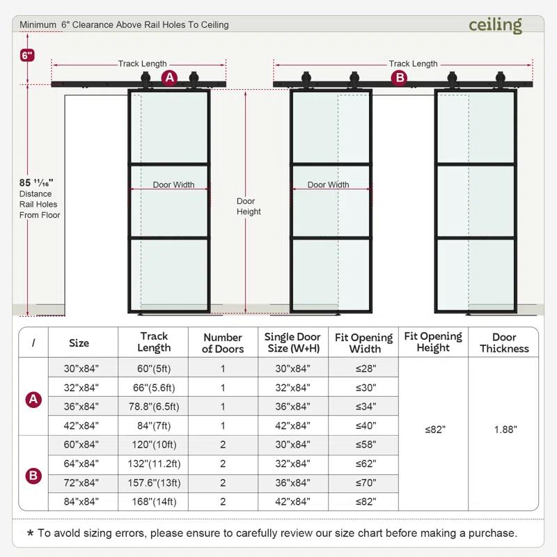TREEBLING 84" Metal and Glass Sliding Barn Door with Two-Way Soft Close and Installation Hardware Kit