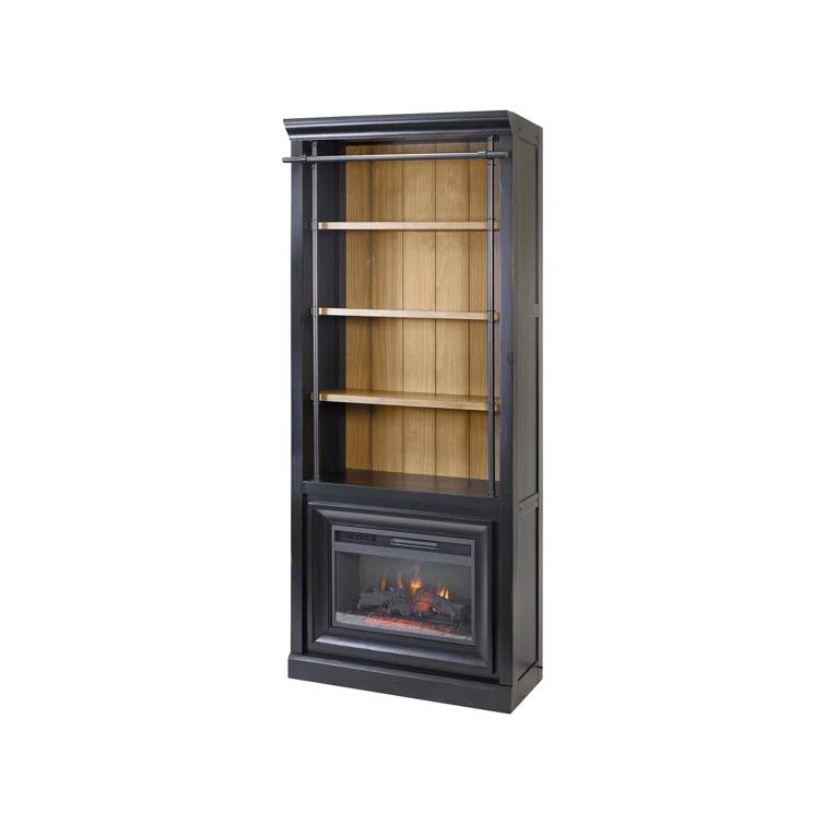 Birch Lane™ Frye Three 8' Tall Bookcase Wall With Fireplace and Ladder, Storage Organizer, Black