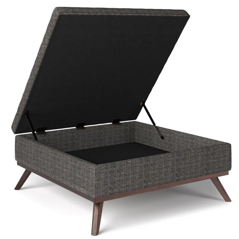 Simpli Home Owen 36"W Upholstered Square Coffee Table Storage Ottoman with Lift Top and Solid Wood Legs