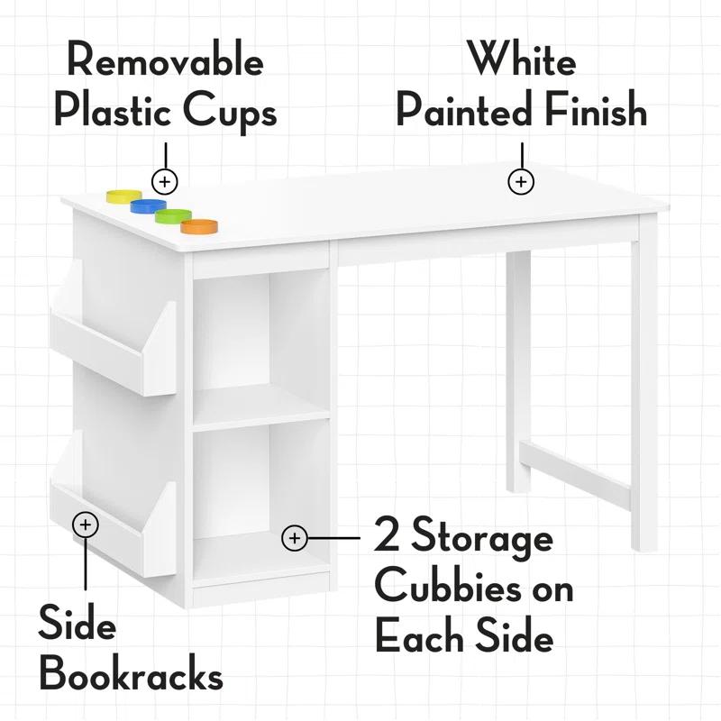 RiverRidge Kids Playroom Art Activity Table with 2 Cubbies and 2 Bookracks - White with 2 Chairs for Playroom, Nursery, and Daycare