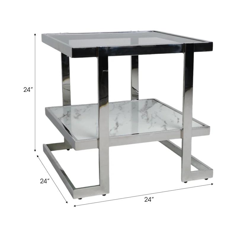 Mercer41 Atli Modern 24" Accent Table with Marble-Look Top, Glass Shelf & Gold Metal Geometric Frame for Living Room or Bedroom