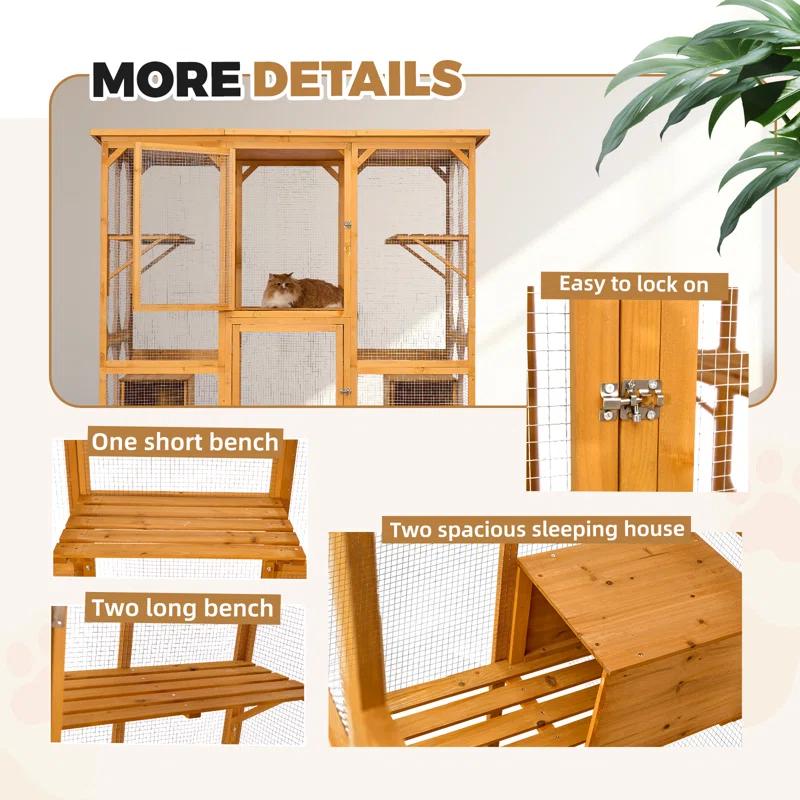 Gracie Oaks Outdoor Cat Enclosure with Roof 72" Height Cat Wooden House Large Cat Catio