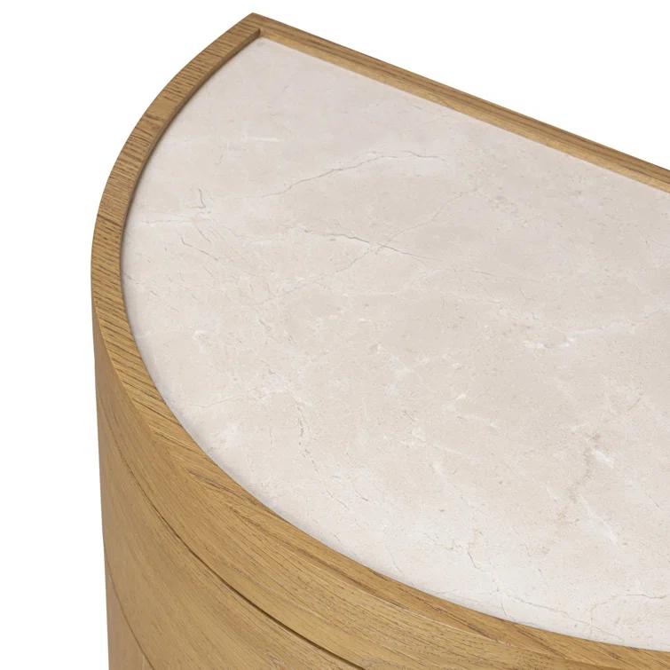 Cream Marble and Oak Veneer Demilune Nightstand with 3 Drawers