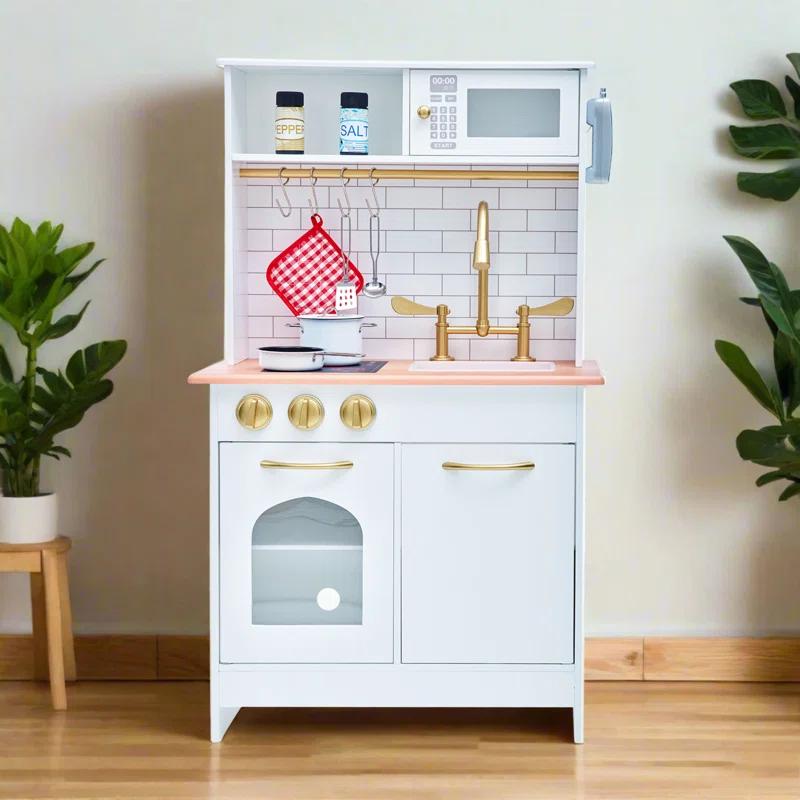 Teamson Kids Little Chef Boston Wooden Pretend Play Kitchen Set with Oven, Microwave and Acessory Set