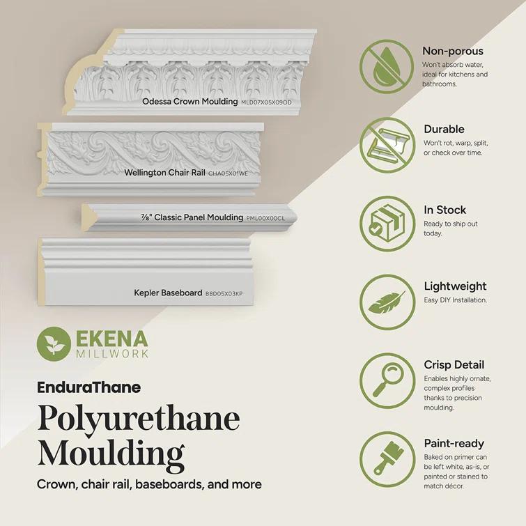 Ekena Millwork Endurathane Dylan Spring Chair Rail, 4"H x 1 1/8"P x 94 1/2"L, (6 3/8"Repeat), Factory Primed (8-Pack) (Set of 8)