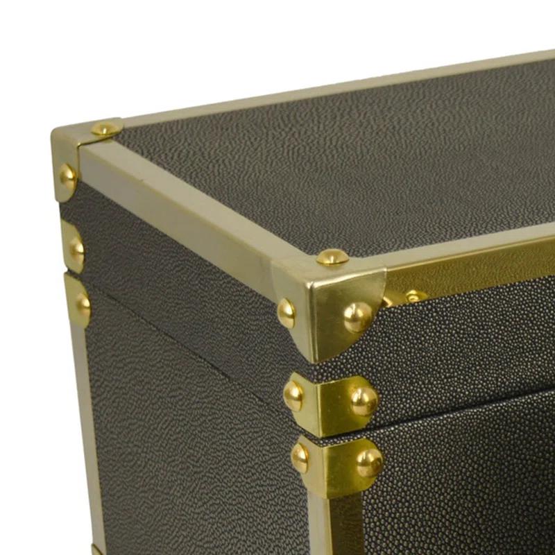 Benjara Mecca Storage Box Set of 2, Rivet Accents, Metal Trim, Wood