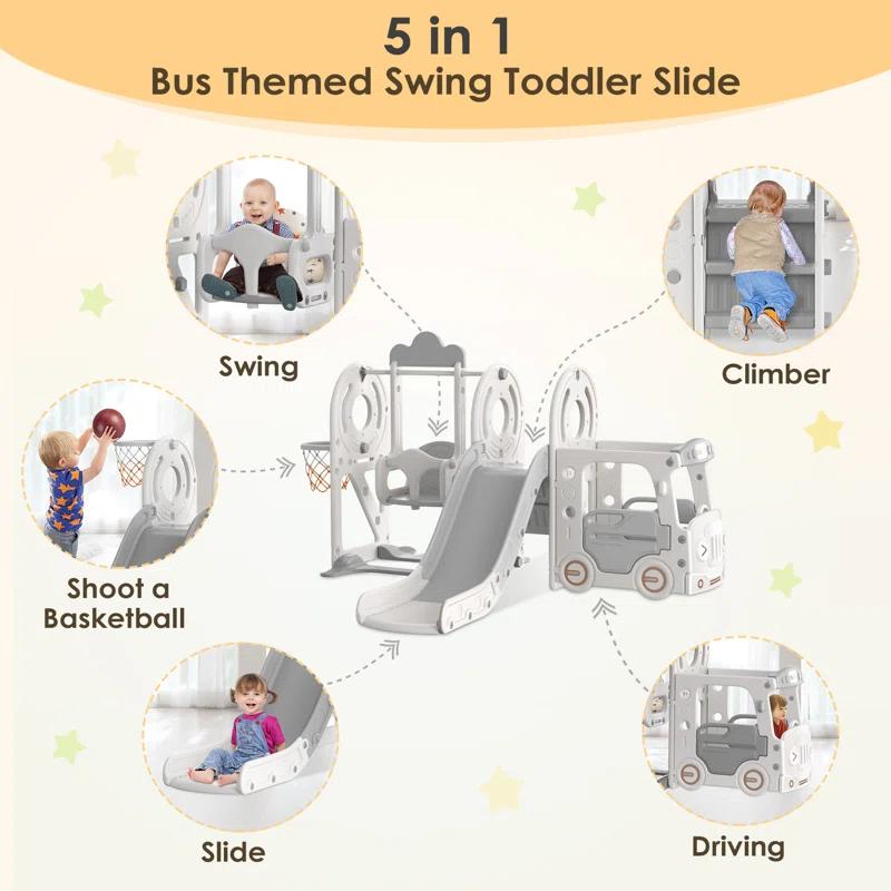 Suteck 5 in 1 Toddler Slide, Kids Slide with Climber,Bus Playhouse and Swing Outdoor Indoor Slide Playset