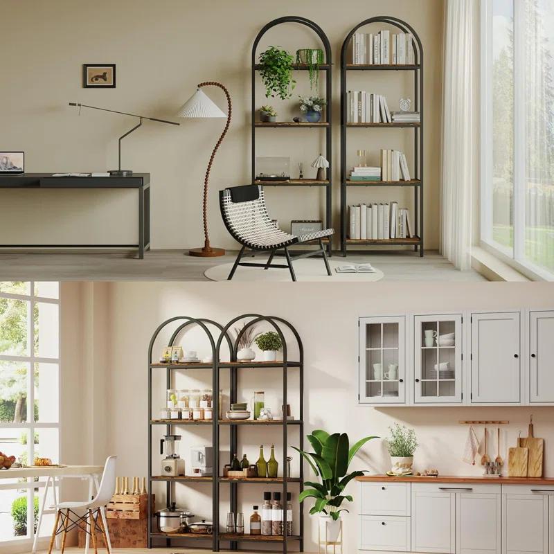 17 Stories Bookshelf Arched Bookcase, Industrial 4-Tier Open Book Shelves with Metal Frame, 72" Tall Bookcase