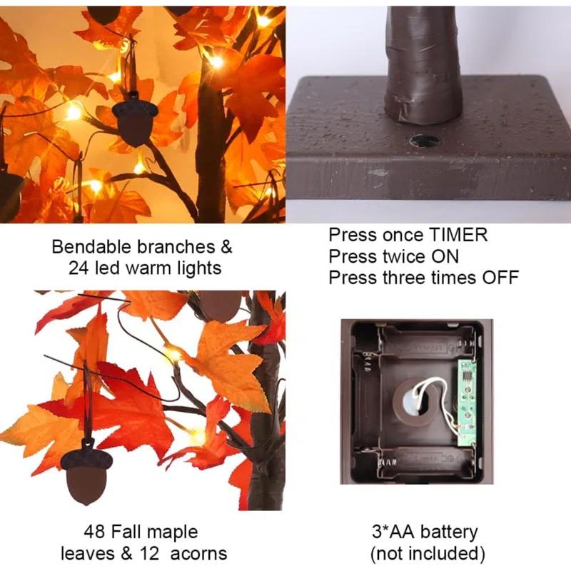 Fall Decorations For Home, 24”/2FT Lighted Fall Maple Leaves Tree With 24LT Warm White Leds For Autumn Decor, 12 Wood Acorns Ornaments Battery Powered Timer For Home Decor, Thanksgiving