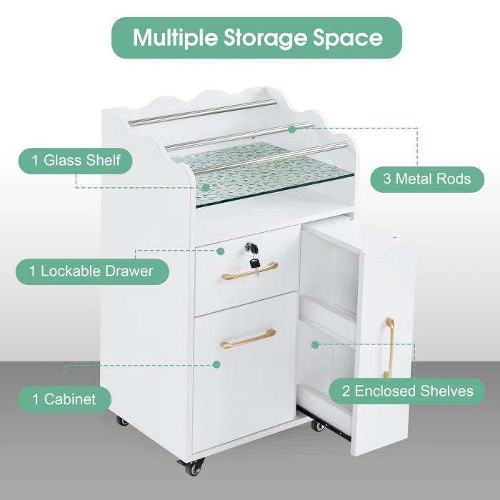 BarberPub Salon Trolley Makeup Organizer with Drawer and Cabinet