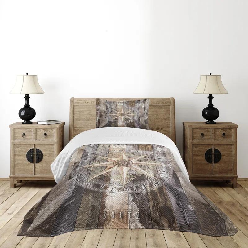 Ambesonne Ambesonne Marine Life Bedspread Set Compass Navy Ocean Brown