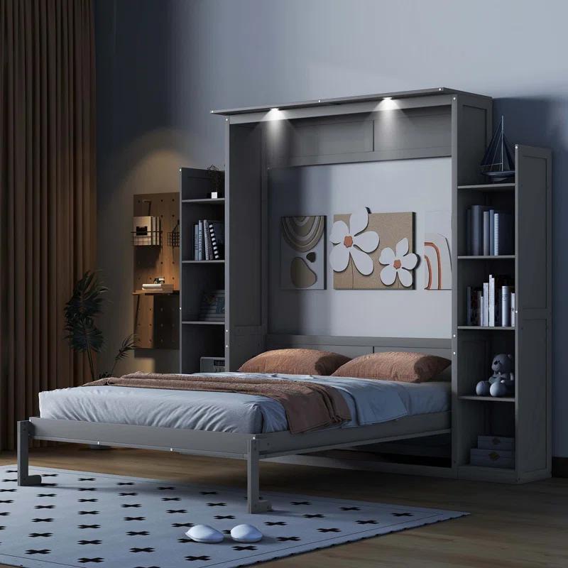 HOME FURNITURE Queen Size Murphy Bed Wall Bed With Shelves And LED Lights,