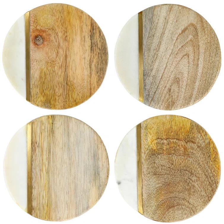 Laurie Gates Laurie Gates White Marble And Mango Wood Round 4 Piece Coaster Set (Set of 4)